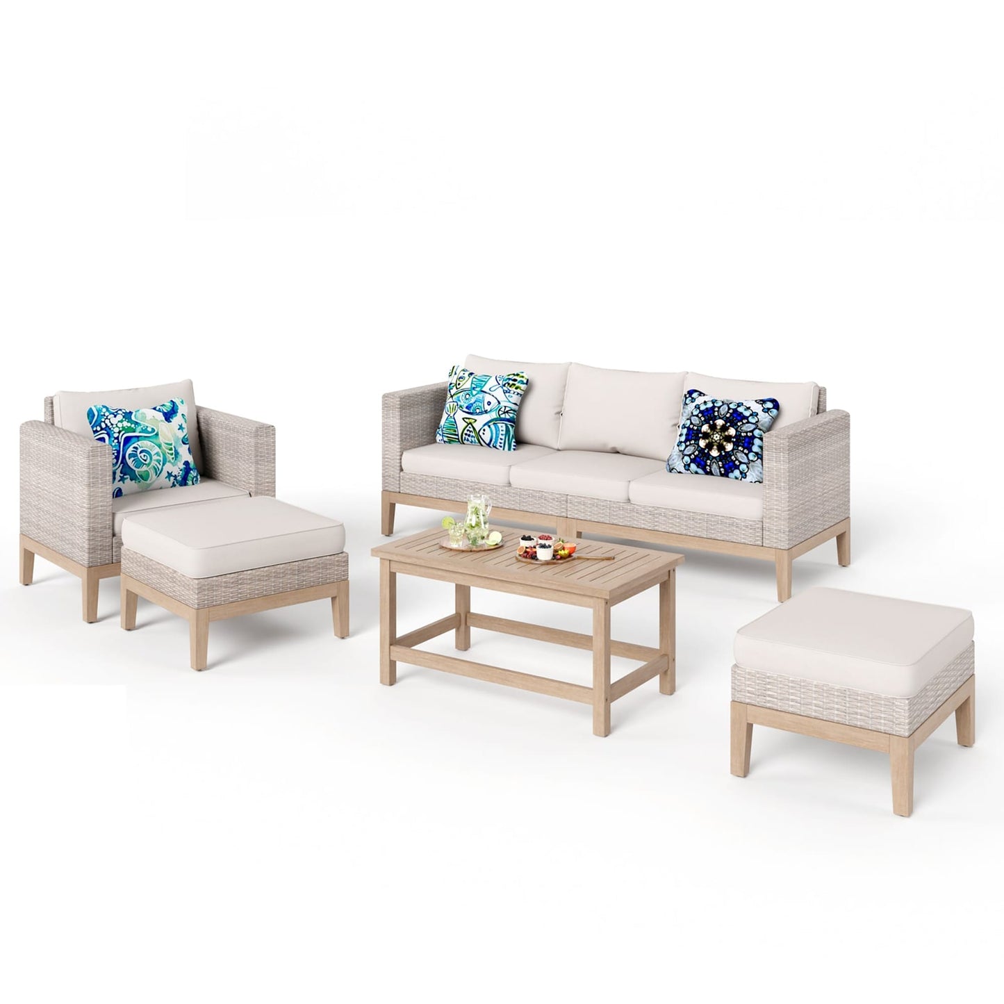 MAISON ARTS 5-Piece Outdoor Rattan & Acacia Wood Sectional Sofa Set, Patio Wicker Conversation Set with Coffee Table