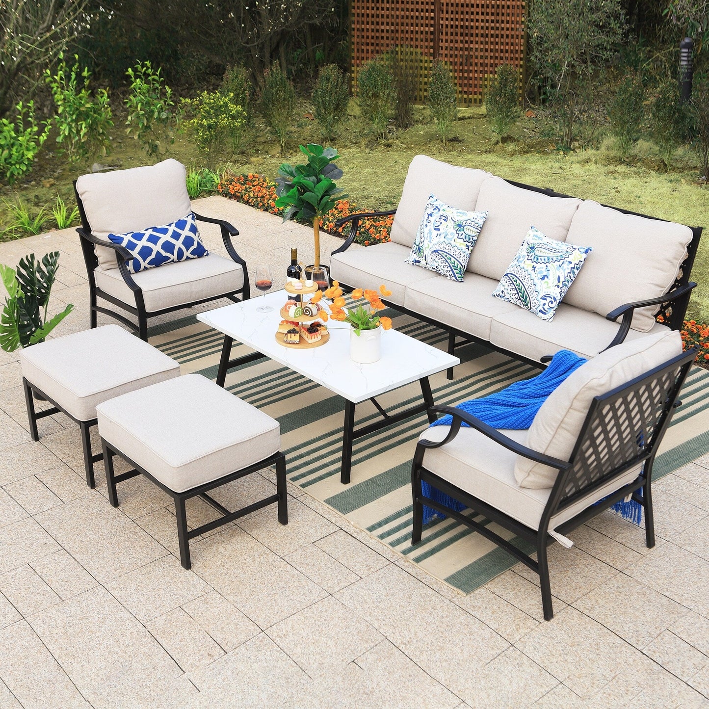 MAISON ARTS Patio Conversation Sets 5/7/9-Seat, Sofa Set with 2 Single Sofa Chairs, 3-Seater Sofa, Ottoman and Coffee Table