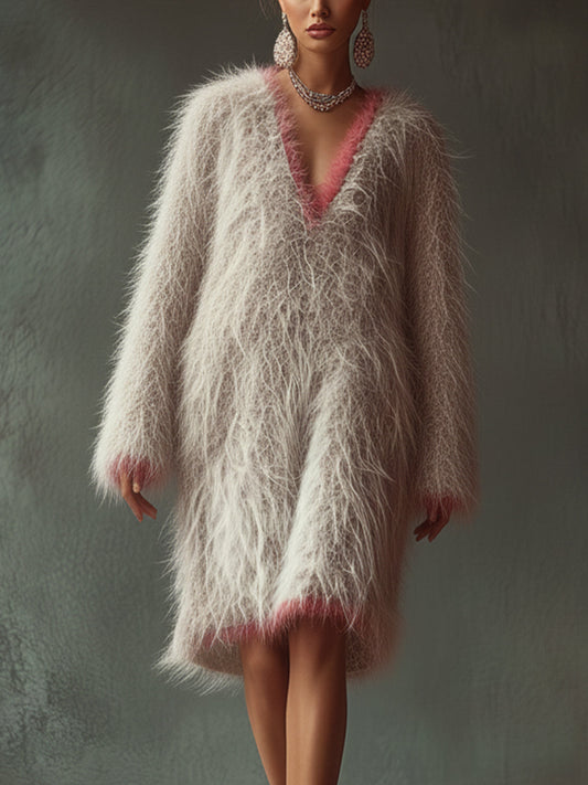Gray Soft Fuzzy Angora Dress With Pink Accents And Deep V-Neck