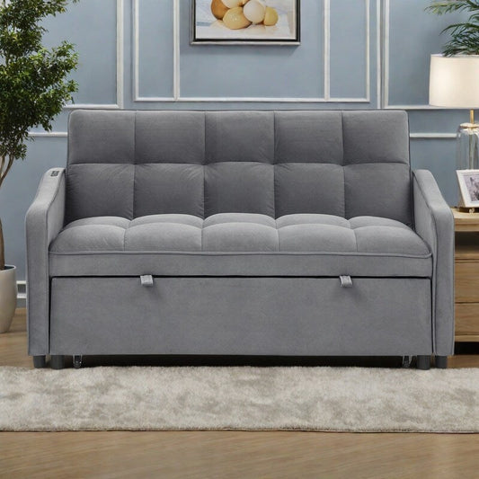 53 Foam Adjustable Loveseat Sofa Bed with Pull-Out Bed, USB/Type-C Charging, Copper Nail Trim, and Arm Storage Pockets