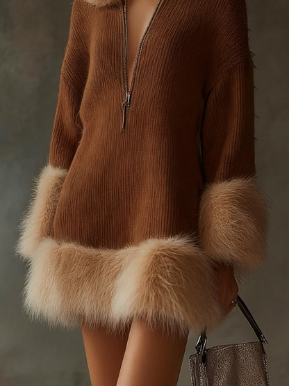 Brown Ribbed Knit Dress With Faux Fur Trim And Front Zip