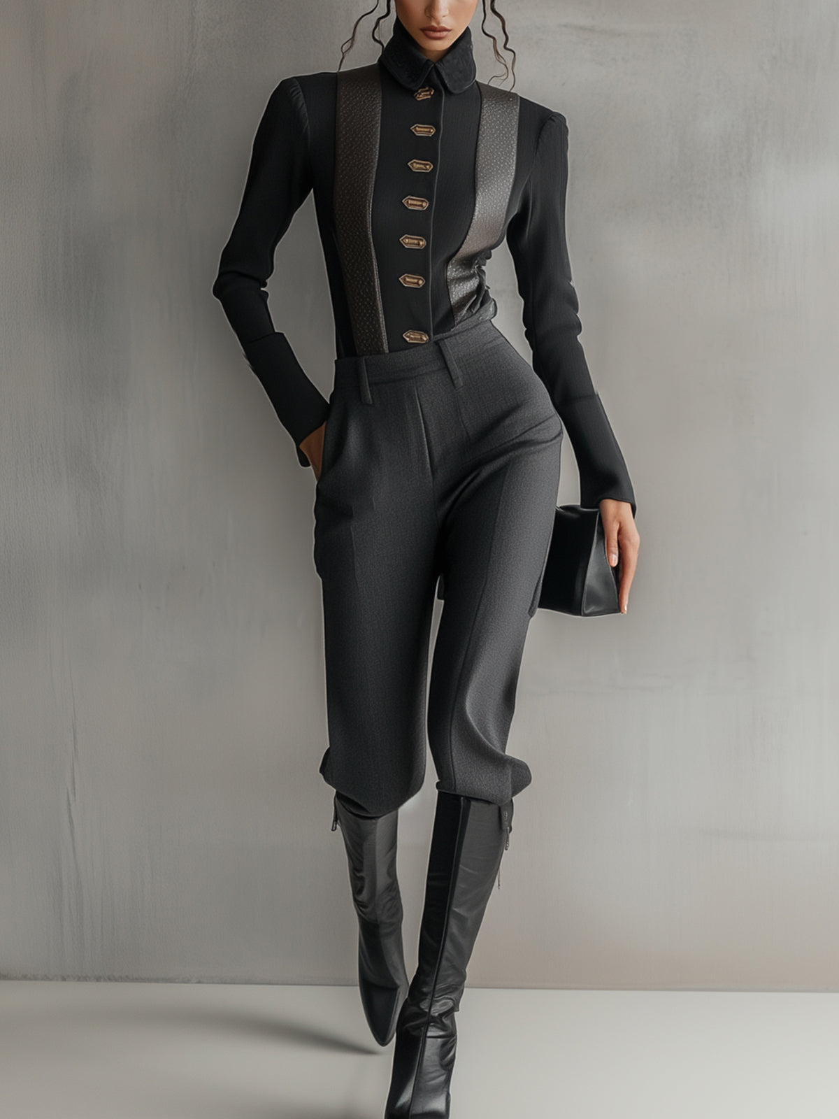 Black High-Collar Golden Button Two-Piece Set