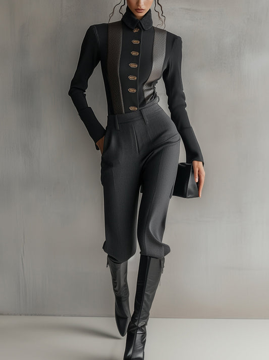 Black High-Collar Golden Button Two-Piece Set