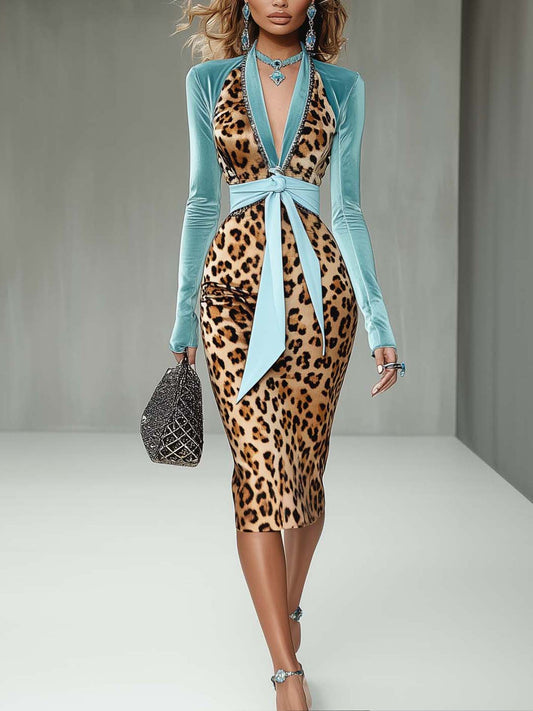 Sky Blue Velvet Bodycon Dress With Leopard Print And Ribbon