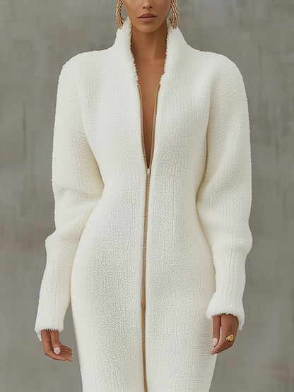 White Lambswool Zip-Front Dress