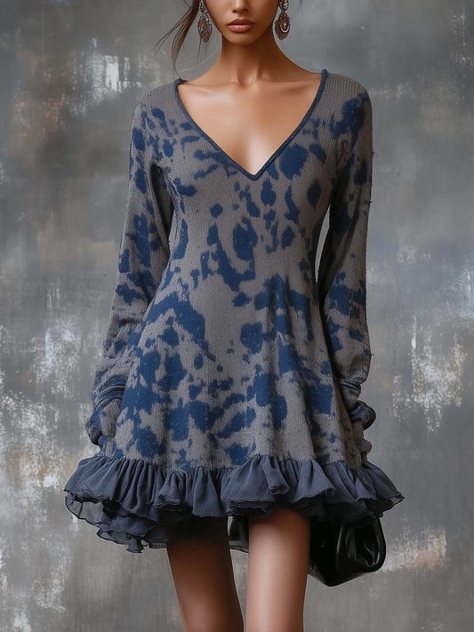 Gray Knitted Mini Dress With Dark Blue Camouflage And Ruffles