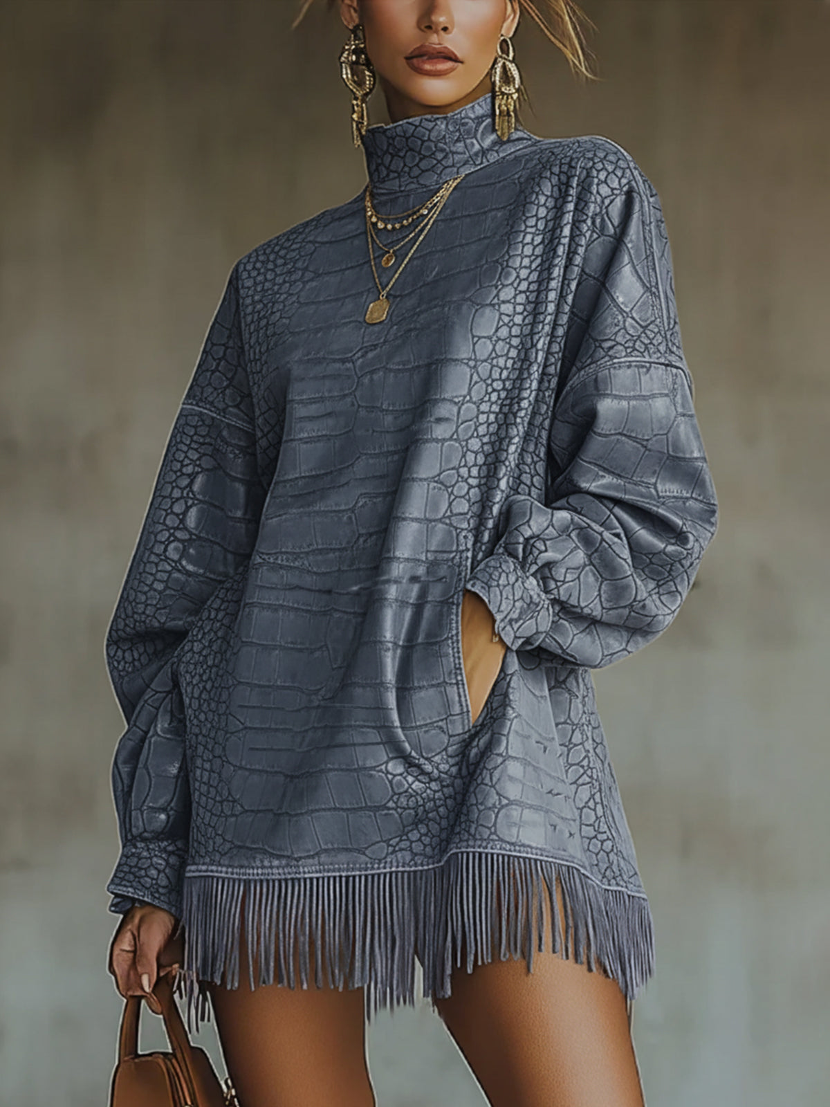 Blue Crocodile-Textured Fringed High Collar Mini Dress