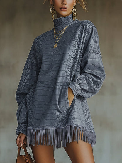 Blue Crocodile-Textured Fringed High Collar Mini Dress
