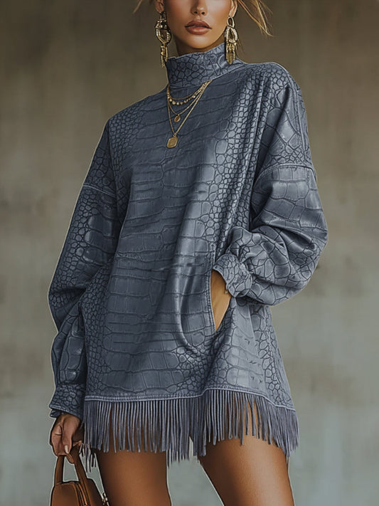 Blue Crocodile-Textured Fringed High Collar Mini Dress