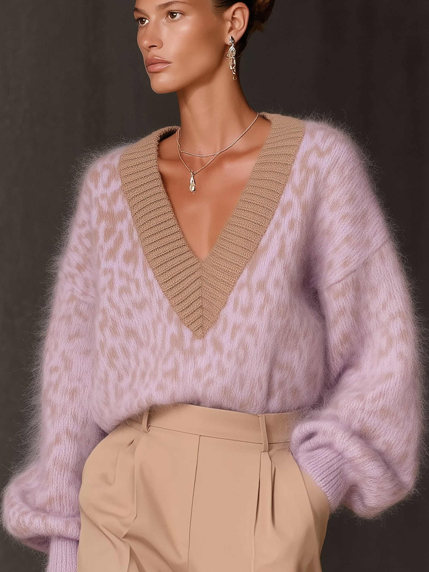 Lilac Leopard Print Mohair V-Neck Pullover
