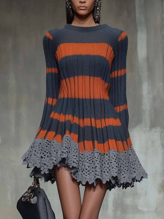 Gray Knitted Mini Dress With Lace And Orange Blocks