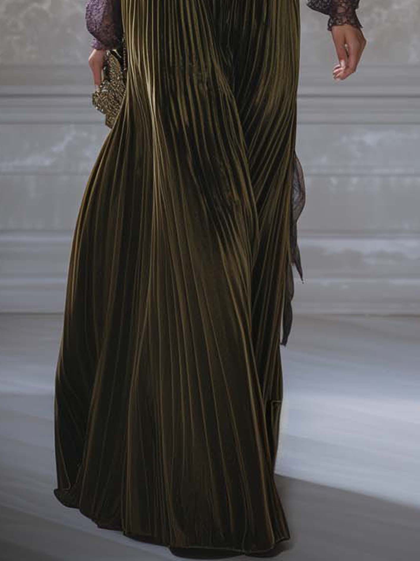 Olive Green Velvet Maxi Dress With Purple Mesh Sleeves
