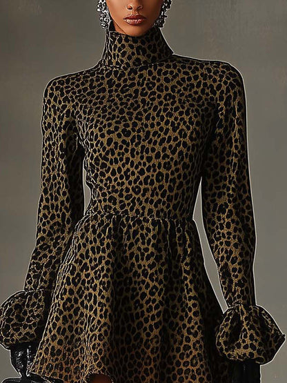 Army Green Mini Sweatshirt Dress With Ruffled Sleeves And Black Leopard Print