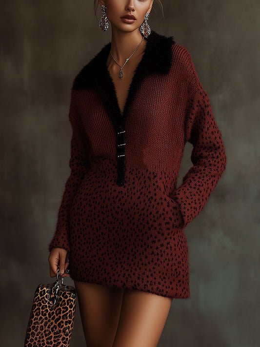Burgundy Knit Dress With Faux Fur Collar And Leopard Print