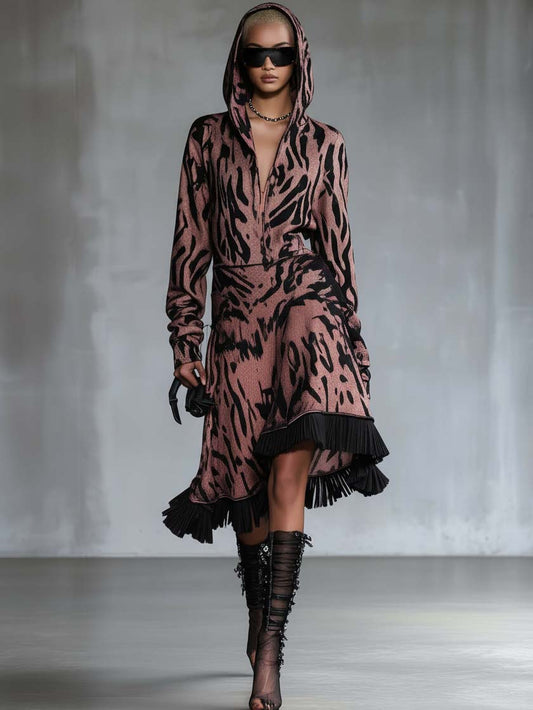 Pink Hooded Sweatshirt Midi Dress With Ruffles And Print