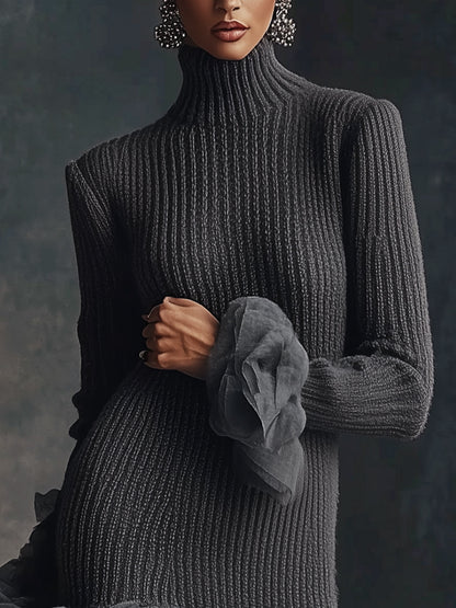 Gray High-neck Knit Dress With Ruffled Hem And Cuffs