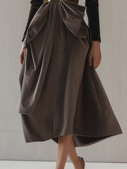 Brown And Gray Velvet Midi Dress With A Gold Fashion Belt