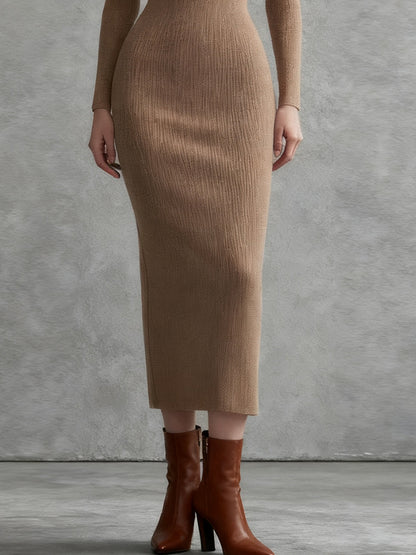 Camel Knit Midi Dress With Puff Sleeves And Turtleneck
