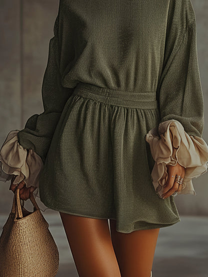 Green Turtleneck Dress With Billowy Chiffon Sleeves