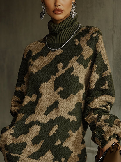 Camouflage Knit Turtleneck Dress With Oversized Sleeves