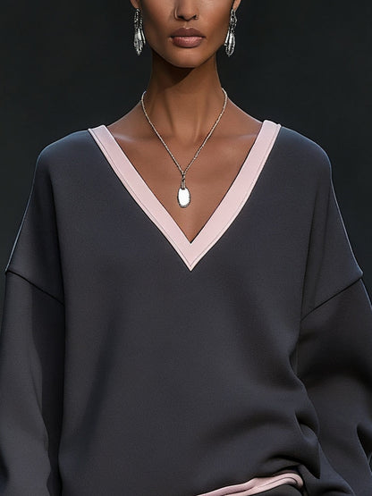 Gray Dress With Blush Accents And Pleated Hem