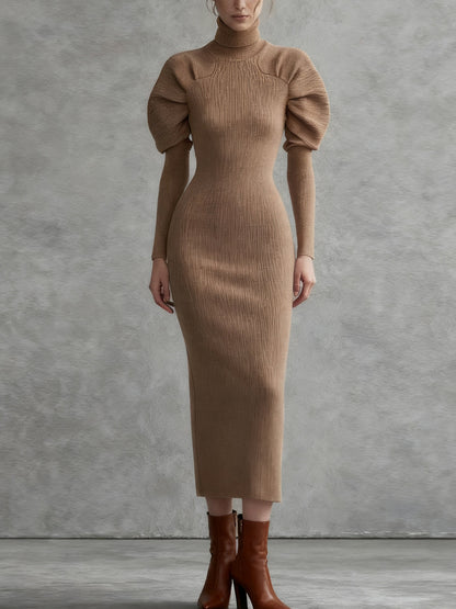 Camel Knit Midi Dress With Puff Sleeves And Turtleneck