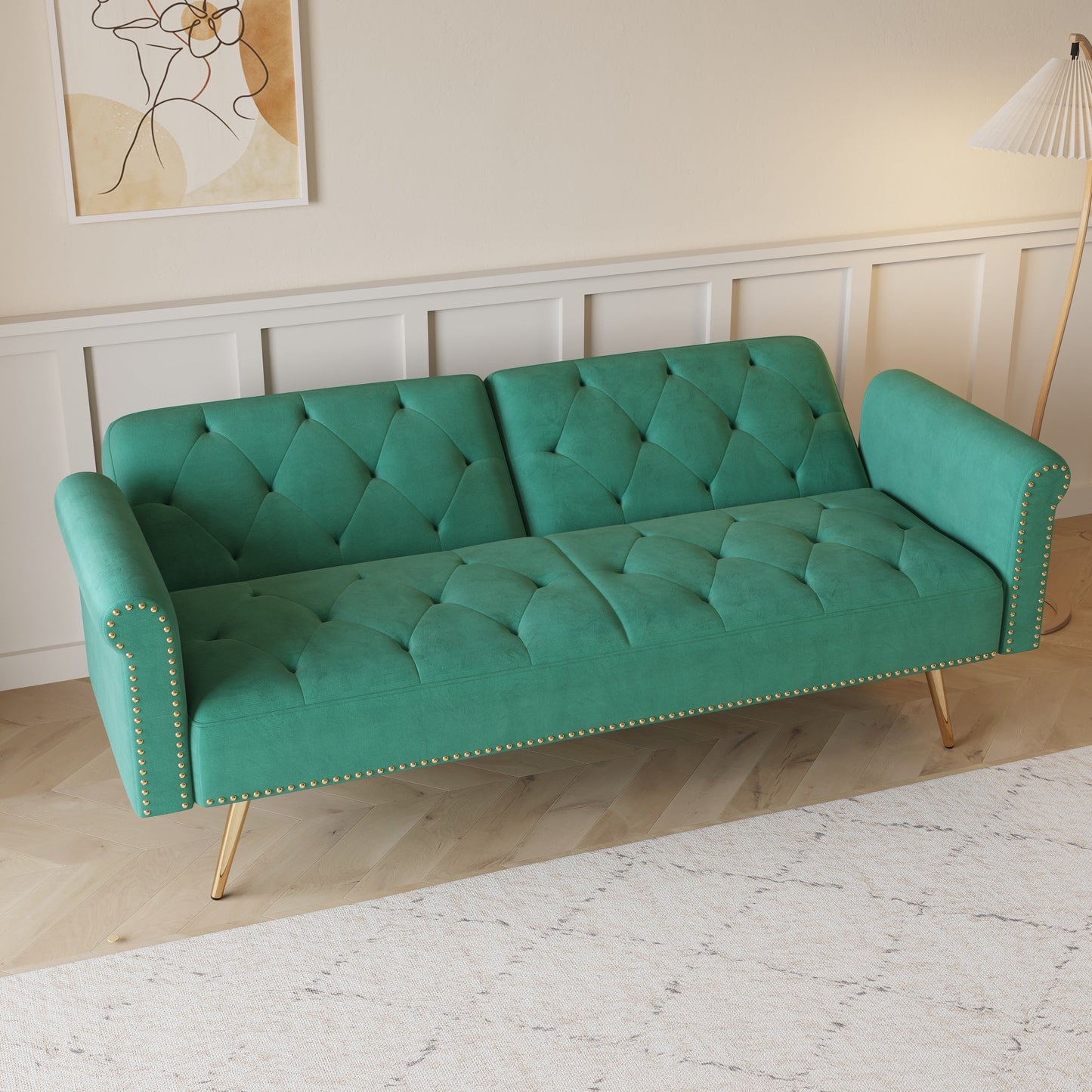 Velvet Nailhead Trim Sofa Bed with Throw Pillow
