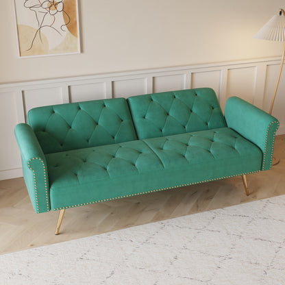 Velvet Nailhead Trim Sofa Bed with Throw Pillow