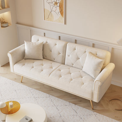 Velvet Nailhead Trim Sofa Bed with Throw Pillow