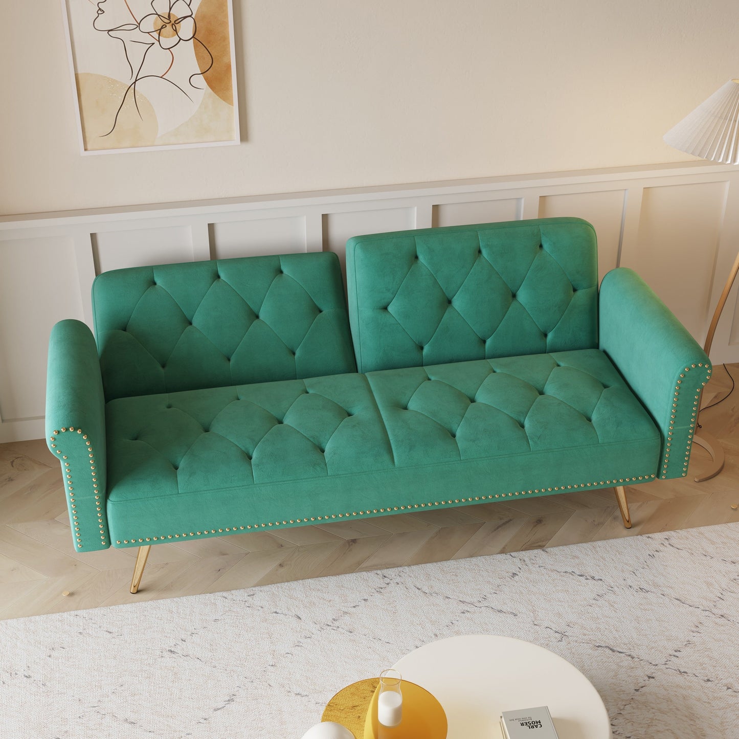 Velvet Nailhead Trim Sofa Bed with Throw Pillow