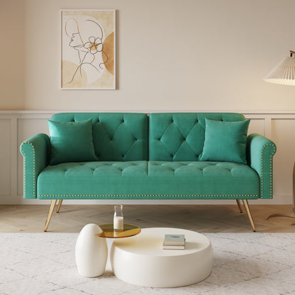 Velvet Nailhead Trim Sofa Bed with Throw Pillow