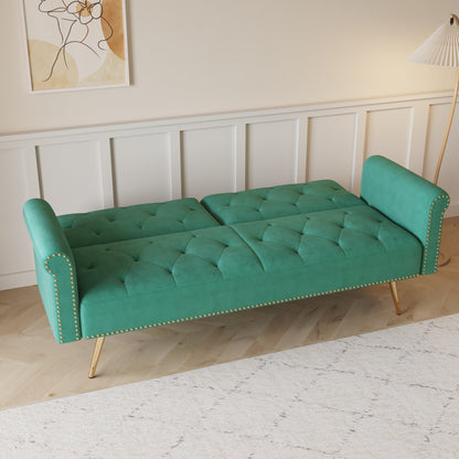 Velvet Nailhead Trim Sofa Bed with Throw Pillow