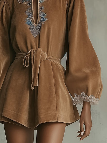 Light Brown Suede Mini Dress With Embroidered Neckline And Lace Cuffs