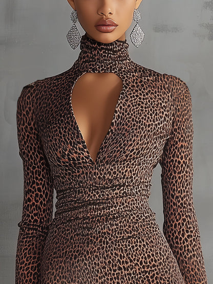 Brown Leopard Print Ruched Cutout Mock Neck Long Sleeve Mini Dress