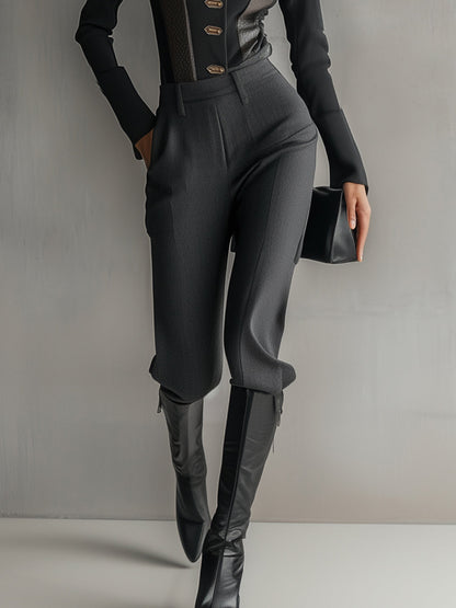 Black High-Collar Golden Button Two-Piece Set