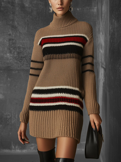 Camel Knit Turtleneck Sweater Dress With Bold Striped Detail