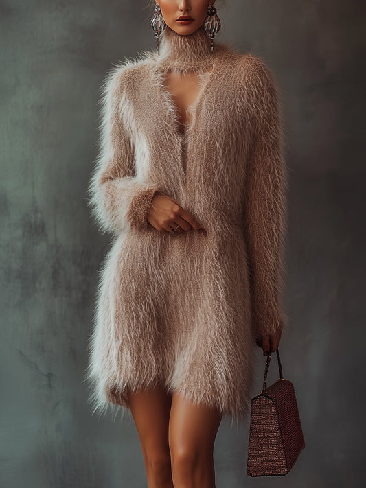 Pink Fuzzy Knit Dress With High Collar And Fluffy Texture