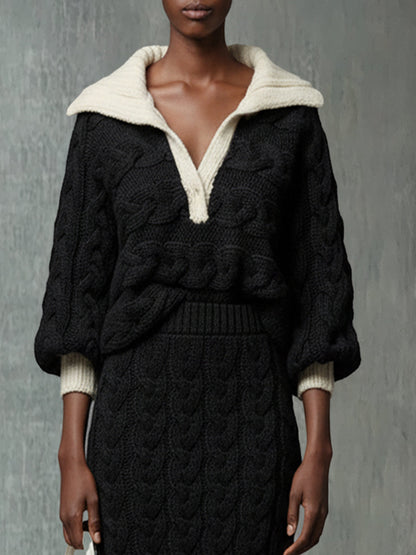 Black Sophisticated Cable Knit Set