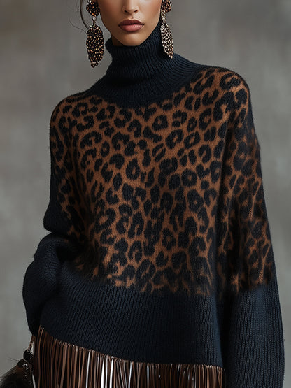 Dark Blue Fringe Leopard Turtleneck Knit Dress