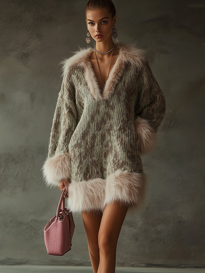 Green Knitted Dress With Faux Fur Trim And Deep V-Neck