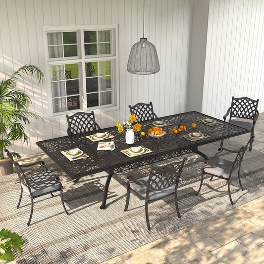 7-Piece Antique Bronze Cast Aluminum Outdoor Dining Set with Cushions & Umbrella hole
