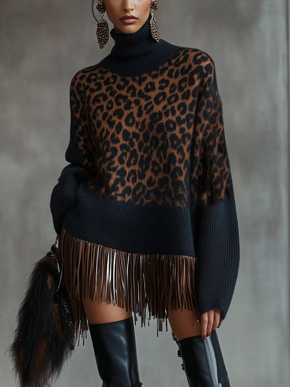 Dark Blue Fringe Leopard Turtleneck Knit Dress