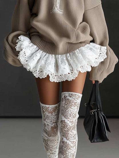 Taupe Crew Neck Knit Lace Flared Skater Dress