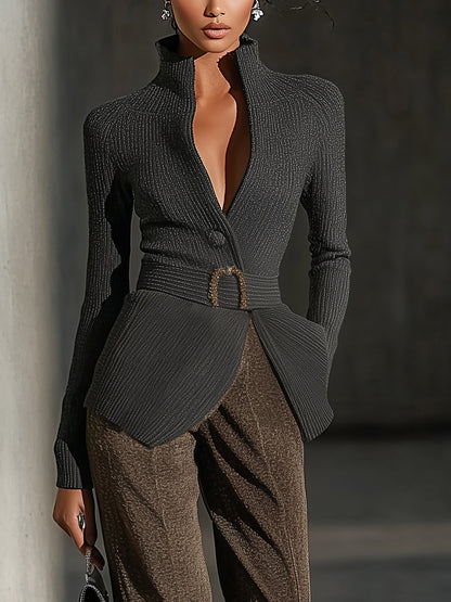 Black Ribbed High Neck Belted Knit Jacket