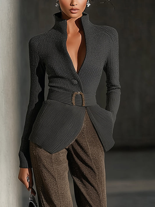 Black Ribbed High Neck Belted Knit Jacket