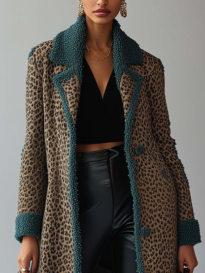 Leopard Print Knitted Cardigan With Teal Lapel Trim
