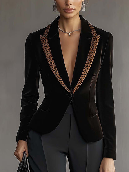 Black Velvet Blazer With Brown Leopard Print Trim