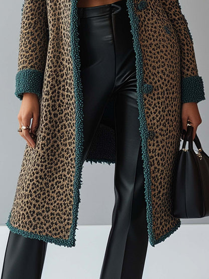Leopard Print Knitted Cardigan With Teal Lapel Trim