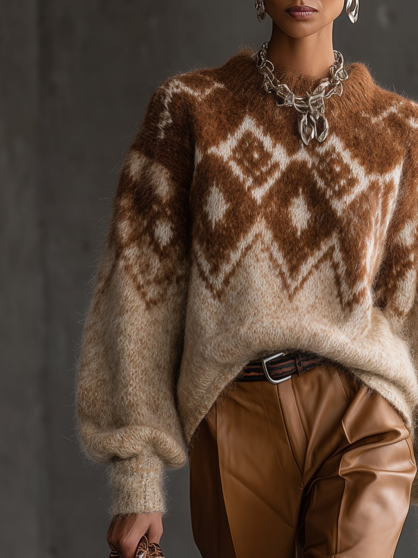 Brown Geometric Pattern Mohair Blend Long Sleeve Sweater