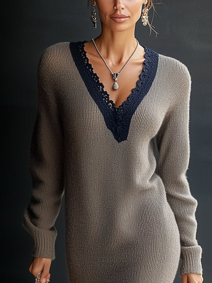 Taupe Knit Sweater Dress With Navy Lace V-Neck